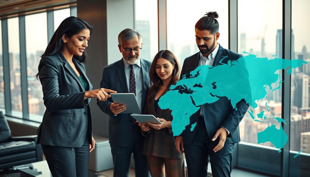 A diverse group of business professionals is collaborating in a sleek, modern office environment, focused on a digital map showcasing various global markets and potential distribution routes. In the foreground, a South Asian woman in a sharp business suit points to a specific area on the map, while a middle-aged Caucasian man, dressed in smart casual attire, takes notes on a tablet. In the middle ground, a young Black woman is discussing strategies with a Hispanic man, who is analyzing data on a laptop. The background features large windows with a view of a bustling city skyline, bathed in warm, natural light. The atmosphere is dynamic and professional, reflecting a sense of urgency and opportunity in the pursuit of finding international distributors. The angle of the shot is slightly elevated, capturing the action and collaboration between team members without any text or branding.