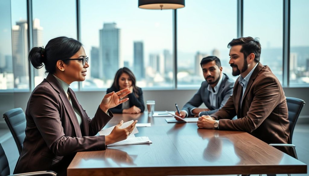 A diverse group of four professionals engaged in a dynamic and focused discussion around a large conference table. The foreground features a South Asian woman in professional attire, actively gesturing while presenting her ideas. Beside her, a Caucasian man takes notes, showing deep interest. In the middle ground, a Black woman and a Hispanic man exchange thoughtful glances, reflecting their engagement in the conversation. The background includes a modern office setting with a large window showcasing a cityscape, allowing natural light to illuminate the room. The atmosphere is collaborative and inspiring, emphasizing teamwork and communication. The lens is slightly wide to create a warm, inviting composition, highlighting the importance of targeted conversations in a global business context.