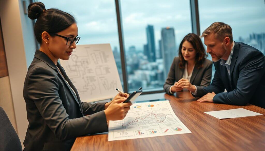 A diverse group of four professionals gathered around a large conference table, engaged in a dynamic strategy session. The foreground features a focused woman in formal business attire, analyzing a detailed supply chain map on her tablet. To her left, a middle-aged man in smart casual wear writes notes on a whiteboard filled with charts and diagrams. In the background, through a large window, a bustling urban skyline suggests operational intensity. Soft, ambient lighting enhances the atmosphere, creating a collaborative yet serious mood. The angle captures their expressions of concentration and teamwork, emphasizing the importance of understanding buyer personas in operational markets. A diverse group of four professionals gathered around a large conference table, engaged in a dynamic strategy session. The foreground features a focused woman in formal business attire, analyzing a detailed supply chain map on her tablet. To her left, a middle-aged man in smart casual wear writes notes on a whiteboard filled with charts and diagrams. In the background, through a large window, a bustling urban skyline suggests operational intensity. Soft, ambient lighting enhances the atmosphere, creating a collaborative yet serious mood. The angle captures their expressions of concentration and teamwork, emphasizing the importance of understanding buyer personas in operational markets.