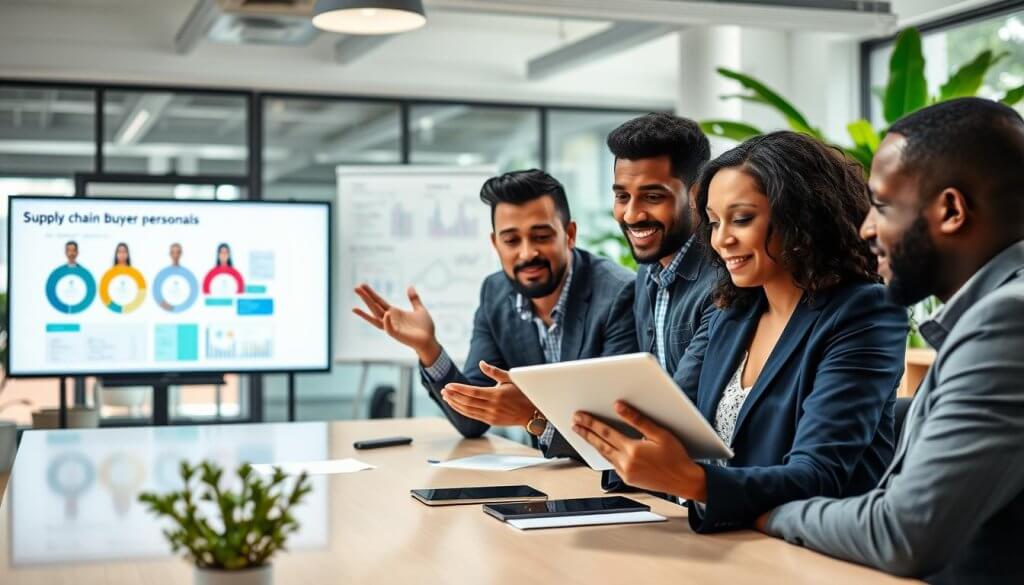 A diverse group of four professionals gathered around a modern conference table, deeply engaged in a lively discussion about buyer persona mapping. The foreground features a middle-aged African-American woman in a navy blazer, taking notes on a digital tablet, her expression focused and thoughtful. Beside her, a young Asian man in a smart casual shirt gestures, animatedly sharing an idea. The middle ground captures a large screen displaying a colorful infographic of supply chain buyer personas, while a whiteboard behind them features detailed graphs and notes. The background is a bright, open office with plants and natural light filtering through large windows, creating an inviting atmosphere. The overall mood is collaborative and insightful, emphasizing teamwork in understanding supply chain dynamics. A diverse group of four professionals gathered around a modern conference table, deeply engaged in a lively discussion about buyer persona mapping. The foreground features a middle-aged African-American woman in a navy blazer, taking notes on a digital tablet, her expression focused and thoughtful. Beside her, a young Asian man in a smart casual shirt gestures, animatedly sharing an idea. The middle ground captures a large screen displaying a colorful infographic of supply chain buyer personas, while a whiteboard behind them features detailed graphs and notes. The background is a bright, open office with plants and natural light filtering through large windows, creating an inviting atmosphere. The overall mood is collaborative and insightful, emphasizing teamwork in understanding supply chain dynamics.