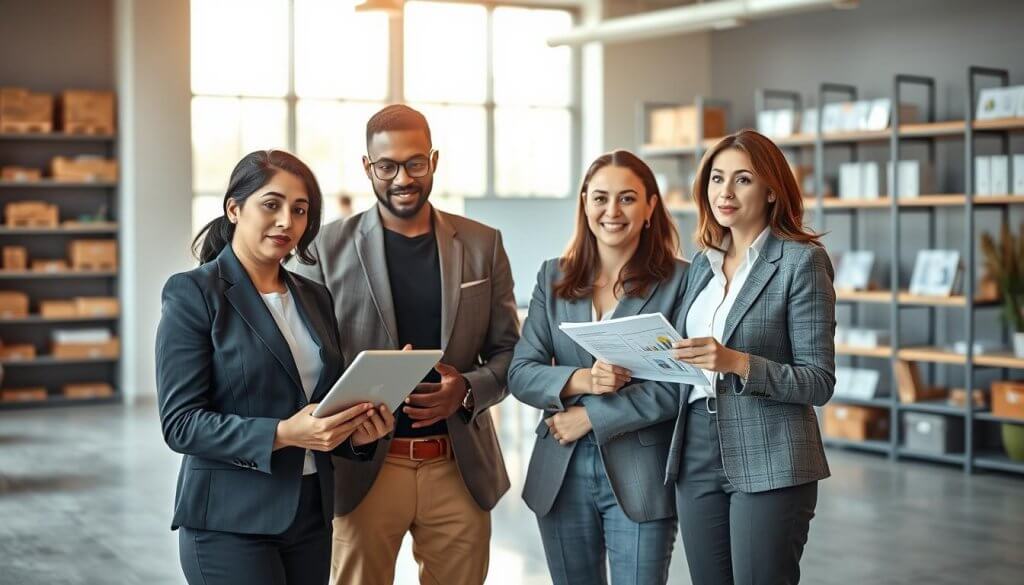 A diverse group of four professionals stands confidently in a modern office space, representing the ideal customer for a Supply Chain SaaS. In the foreground, a middle-aged South Asian woman in a smart business suit holds a tablet, analyzing data. Beside her, a young Black man in a tailored blazer discusses strategies with a Caucasian woman in professional attire, highlighting collaboration and engagement. In the background, an open-plan office reveals shelves filled with planning materials, graphs, and technology, reflecting a dynamic work environment. Soft, natural daylight filters through large windows, casting a warm glow. The atmosphere is focused and innovative, inviting a sense of determination and teamwork in tackling operational challenges.
