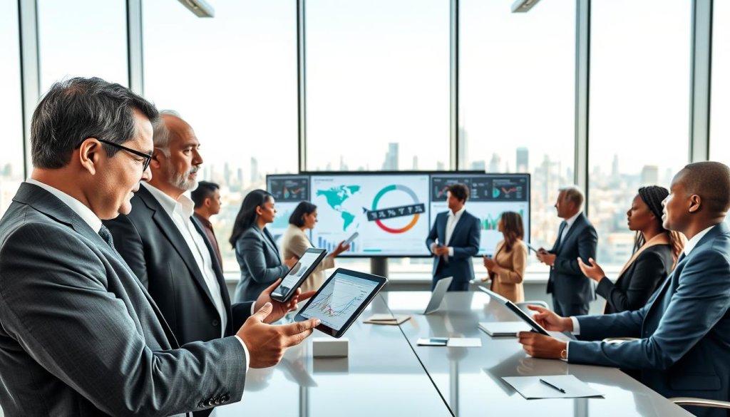A diverse group of international buyers engaged in a digital marketplace meeting. In the foreground, a middle-aged man in a smart suit actively discussing with a young woman wearing stylish business attire, both looking at graphs displayed on digital tablets. The middle ground features multiple screens showcasing global market data, with people from various regions (Asian, African, European) participating in animated discussions, all dressed in professional manner. The background includes an expansive view of a modern, well-lit office space with large windows showcasing a metropolitan skyline. Natural light filters in, creating a bright and optimistic atmosphere. The scene captures a sense of collaboration and forward-thinking in the realm of global commerce.