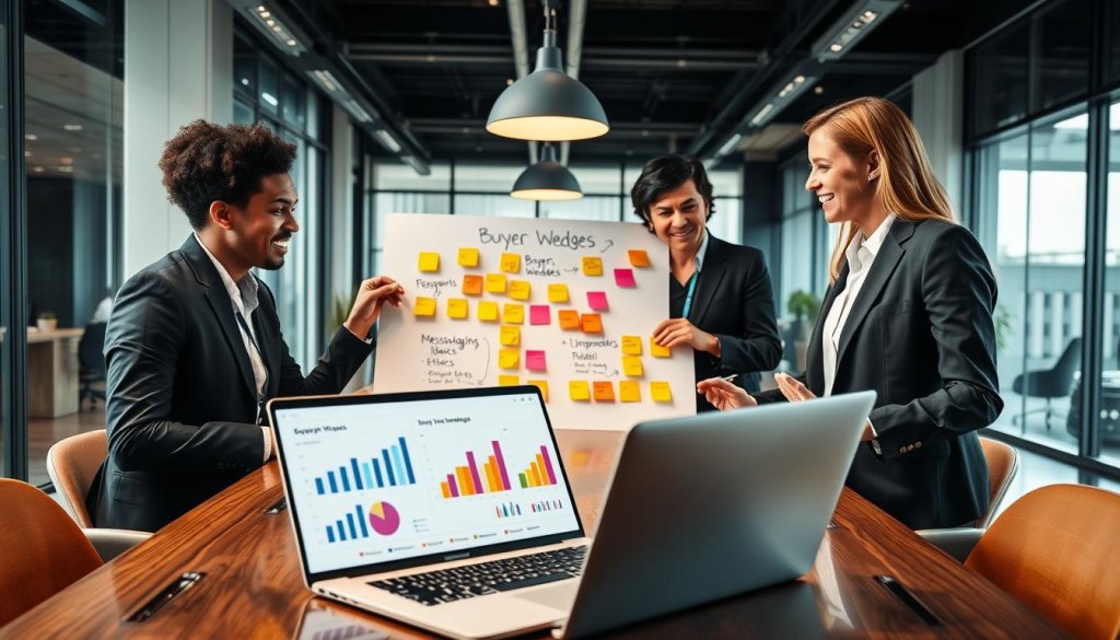 A diverse group of two to three business professionals engaged in a lively discussion around a modern conference table. They are dressed in smart business attire, exuding a sense of professionalism and collaboration. The foreground features a sleek laptop open with visual graphs and charts displayed, representing analysis of messaging strategies. In the middle ground, a whiteboard is filled with colorful post-it notes highlighting key buyer wedges and messaging ideas. The background is an elegantly designed office space, with large windows allowing natural light to flood in, creating an inviting atmosphere. The scene is captured from a slight overhead angle, emphasizing the stakeholders' engagement and the vibrant atmosphere of innovation and strategic planning.