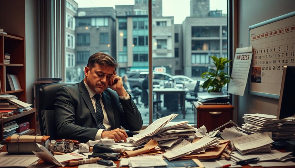 A dramatic office scene illustrating the failure of traditional lead generation. In the foreground, a frustrated business professional in a tailored suit sits at a cluttered desk, surrounded by crumpled papers and outdated marketing materials, depicting wasted effort. In the middle ground, a large, cracked glass window reveals a chaotic, disorganized outdoor environment, symbolizing missed opportunities. Soft, ambient office lighting creates a contrast between the warm tones of the interior and the cool hues outside, enhancing the feeling of isolation. The background includes a calendar marked with missed deadlines and numbers barely visible on a whiteboard, embodying the struggle of ineffective strategies. The overall mood is tense, with a sense of urgency and dissatisfaction. A dramatic office scene illustrating the failure of traditional lead generation. In the foreground, a frustrated business professional in a tailored suit sits at a cluttered desk, surrounded by crumpled papers and outdated marketing materials, depicting wasted effort. In the middle ground, a large, cracked glass window reveals a chaotic, disorganized outdoor environment, symbolizing missed opportunities. Soft, ambient office lighting creates a contrast between the warm tones of the interior and the cool hues outside, enhancing the feeling of isolation. The background includes a calendar marked with missed deadlines and numbers barely visible on a whiteboard, embodying the struggle of ineffective strategies. The overall mood is tense, with a sense of urgency and dissatisfaction.
