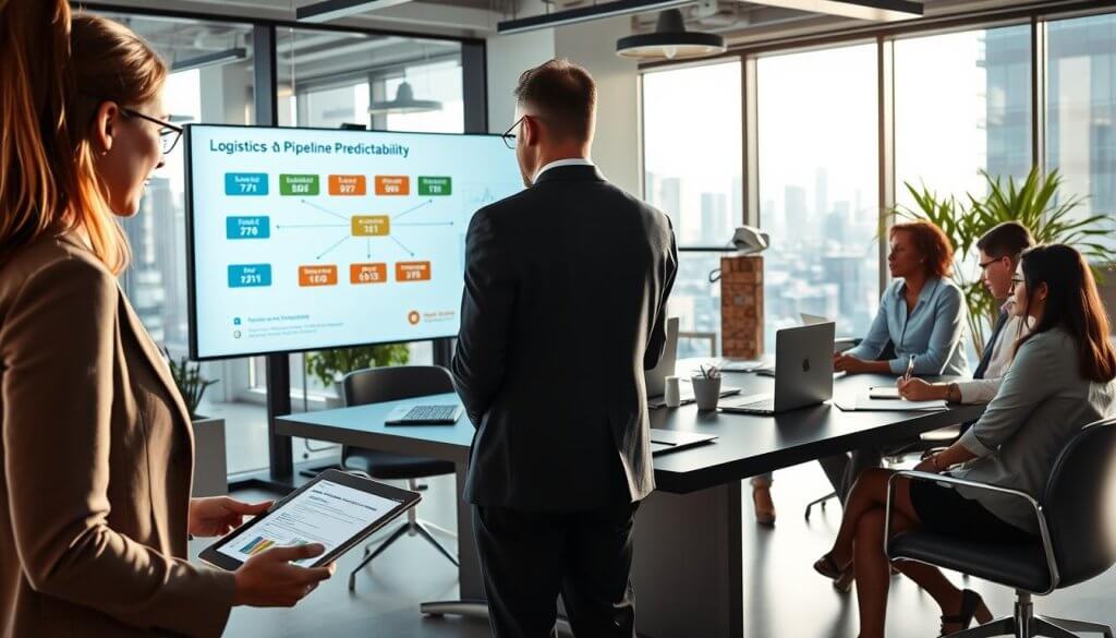 A dynamic and modern office environment showcasing a diverse team of planners and operations leaders engaged in a strategic meeting. In the foreground, a professional woman in business attire analyzes data on a digital tablet, while a man in a suit points to a large screen displaying a flowchart of logistics and pipeline predictability metrics. The middle layer features a sleek conference table with laptops, charts, and graphs, surrounded by large windows allowing soft, natural light to flood the room. In the background, subtle elements like a glass wall with a city skyline and potted plants add depth. The scene conveys a focused and collaborative atmosphere, emphasizing the importance of optimized outreach in manufacturing supply chain logistics. A dynamic and modern office environment showcasing a diverse team of planners and operations leaders engaged in a strategic meeting. In the foreground, a professional woman in business attire analyzes data on a digital tablet, while a man in a suit points to a large screen displaying a flowchart of logistics and pipeline predictability metrics. The middle layer features a sleek conference table with laptops, charts, and graphs, surrounded by large windows allowing soft, natural light to flood the room. In the background, subtle elements like a glass wall with a city skyline and potted plants add depth. The scene conveys a focused and collaborative atmosphere, emphasizing the importance of optimized outreach in manufacturing supply chain logistics.