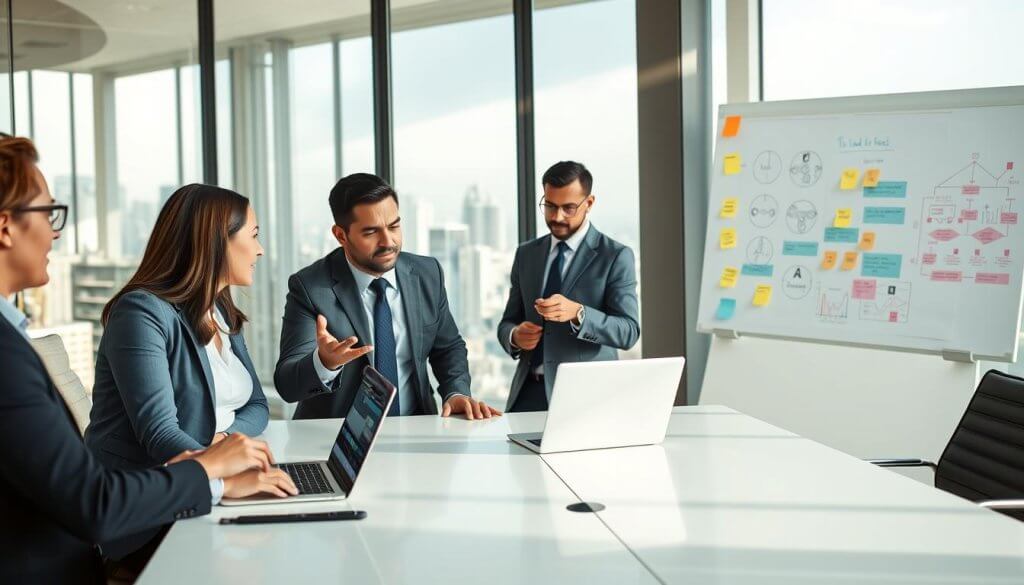 A dynamic and modern office space representing B2B lead generation strategies. In the foreground, a diverse group of four professionals, dressed in smart business attire, engage in a brainstorming session around a sleek conference table. One individual gestures animatedly while presenting insights on a laptop screen displaying analytics. In the middle ground, a large glass window reveals a bustling cityscape, symbolizing connection and outreach. In the background, whiteboards filled with colorful diagrams and sticky notes illustrate the creative process and strategy development. Soft, natural lighting filters through the window, creating an energetic yet focused atmosphere. The image captures the essence of collaboration, innovation, and moving beyond traditional outreach methods.