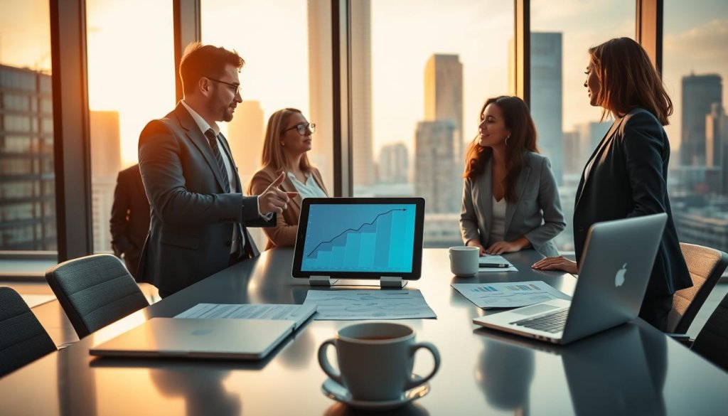 A dynamic business environment illustrating "high ACV pipeline growth." In the foreground, a diverse team of three professionals in smart business attire, engaged in a strategic discussion, with one pointing at a digital tablet showcasing an upward trend line. In the middle ground, a sleek conference table with papers outlining market strategies, an open laptop, and a modern coffee cup. The background features a large glass window revealing a city skyline bathed in warm afternoon light, symbolizing growth and opportunity. Use a cinematic angle to emphasize depth, with soft focus on the surroundings to highlight the team’s collaboration. The atmosphere should convey energy, ambition, and a sense of purpose, reflecting the critical role of high ACV teams in driving success. A dynamic business environment illustrating "high ACV pipeline growth." In the foreground, a diverse team of three professionals in smart business attire, engaged in a strategic discussion, with one pointing at a digital tablet showcasing an upward trend line. In the middle ground, a sleek conference table with papers outlining market strategies, an open laptop, and a modern coffee cup. The background features a large glass window revealing a city skyline bathed in warm afternoon light, symbolizing growth and opportunity. Use a cinematic angle to emphasize depth, with soft focus on the surroundings to highlight the team’s collaboration. The atmosphere should convey energy, ambition, and a sense of purpose, reflecting the critical role of high ACV teams in driving success.