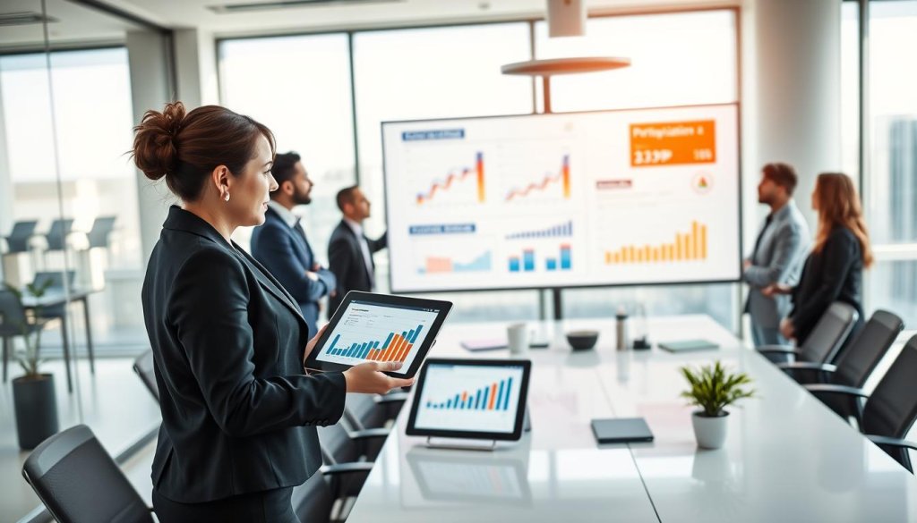 A dynamic business environment illustrating the concept of performance-linked pricing, featuring a diverse group of professionals discussing strategies around a modern conference table. In the foreground, a woman in a smart business outfit gestures towards a digital tablet displaying graphs of financial performance metrics. The middle ground highlights a diverse team analyzing data charts projected on a large screen, symbolizing collaboration and insights in decision-making. The background depicts a sleek office space with large windows, letting in natural light that casts soft shadows, creating an optimistic atmosphere. The scene is captured from a slight high angle to emphasize engagement and teamwork.