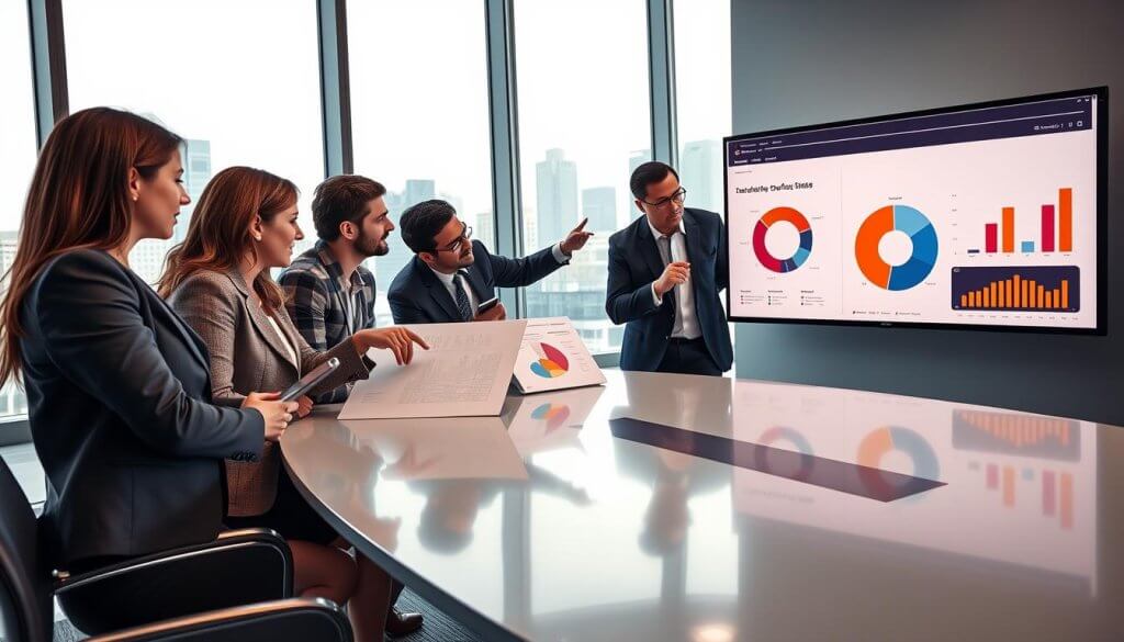 A dynamic business meeting scene in a modern office, where a diverse group of five professionals huddles around a sleek conference table, examining large data visualizations displayed on a wall-mounted screen. The foreground features a focused woman in a smart blazer, pointing at a graph, while a man in a tailored suit leans in, taking notes on a tablet. In the middle ground, another team member gestures toward a pie chart, emphasizing key points. The background showcases large windows with a cityscape view, flooded with natural light. The mood is collaborative and energetic, reflecting urgency and strategic planning. The image should be captured with a slightly wide-angle lens to create depth, with soft, balanced lighting that highlights expressions and details.