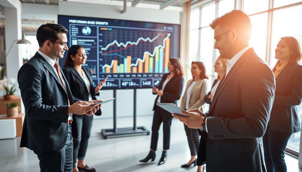A dynamic business scene illustrating "performance-based growth," featuring a diverse group of B2B professionals engaged in a strategy meeting. In the foreground, two professionals, a man and a woman in smart business attire, are analyzing data on a tablet, showing upward trends. The middle ground showcases a large screen displaying graphs and metrics that highlight growth and performance indicators. The background includes an office environment with modern decor, large windows allowing natural light to flood in, creating a bright and inspiring atmosphere. The mood is focused and ambitious, emphasizing collaboration and forward-thinking strategies. Use a wide-angle lens to capture the energy of the team and the data-driven environment, with soft, diffused lighting to enhance the professional setting. A dynamic business scene illustrating "performance-based growth," featuring a diverse group of B2B professionals engaged in a strategy meeting. In the foreground, two professionals, a man and a woman in smart business attire, are analyzing data on a tablet, showing upward trends. The middle ground showcases a large screen displaying graphs and metrics that highlight growth and performance indicators. The background includes an office environment with modern decor, large windows allowing natural light to flood in, creating a bright and inspiring atmosphere. The mood is focused and ambitious, emphasizing collaboration and forward-thinking strategies. Use a wide-angle lens to capture the energy of the team and the data-driven environment, with soft, diffused lighting to enhance the professional setting.