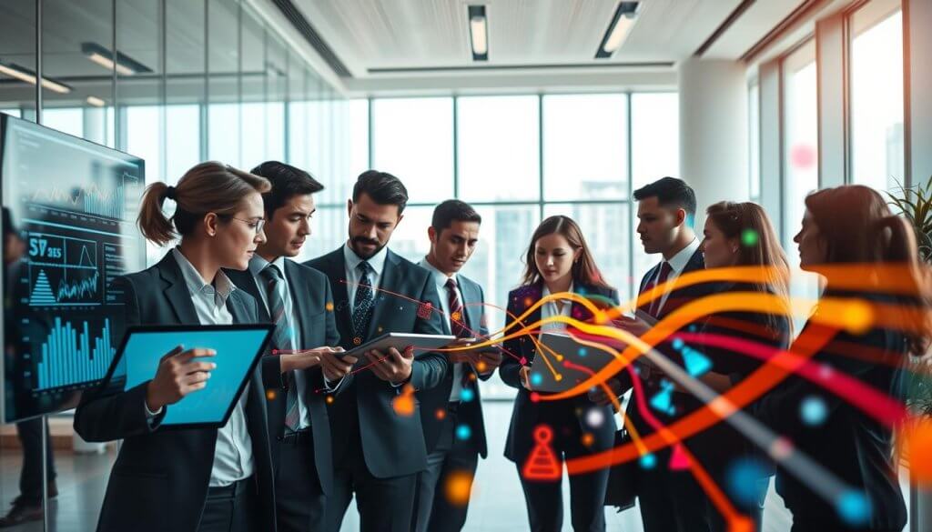 A dynamic business scene illustrating the concept of “intent data for pipeline velocity.” In the foreground, a diverse group of professionals in smart business attire, deep in discussion while analyzing data on digital screens and laptops, showcasing graphs and metrics. In the middle ground, abstract representations of data flow, with colorful lines and arrows indicating progress and speed, intermingled with visual icons symbolizing intent. The background features a sleek modern office with floor-to-ceiling windows, allowing natural light to illuminate the space, creating a bright and energetic atmosphere. The angle is slightly elevated, capturing the interaction among professionals and the vibrant data imagery, conveying a sense of urgency and forward momentum. The mood is focused and collaborative, emphasizing the importance of intent data in driving pipeline velocity.