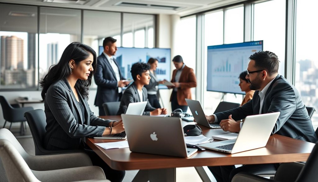 A dynamic business setting showcasing a diverse group of professionals engaged in personalized outreach. In the foreground, a South Asian woman in a smart blazer is intently discussing strategy with a Middle-Eastern man in a tailored suit, both seated at a modern conference table cluttered with laptops and notepads. In the middle ground, a diverse team examines data on a large screen, analyzing buyer demographics. The background features a bright, well-lit office space with large windows, city skyline visible outside, conveying a sense of ambition and connectivity. The mood is focused and collaborative, highlighting the importance of personalized campaigns for effective lead generation, with soft natural light enhancing the professional atmosphere. A dynamic business setting showcasing a diverse group of professionals engaged in personalized outreach. In the foreground, a South Asian woman in a smart blazer is intently discussing strategy with a Middle-Eastern man in a tailored suit, both seated at a modern conference table cluttered with laptops and notepads. In the middle ground, a diverse team examines data on a large screen, analyzing buyer demographics. The background features a bright, well-lit office space with large windows, city skyline visible outside, conveying a sense of ambition and connectivity. The mood is focused and collaborative, highlighting the importance of personalized campaigns for effective lead generation, with soft natural light enhancing the professional atmosphere.