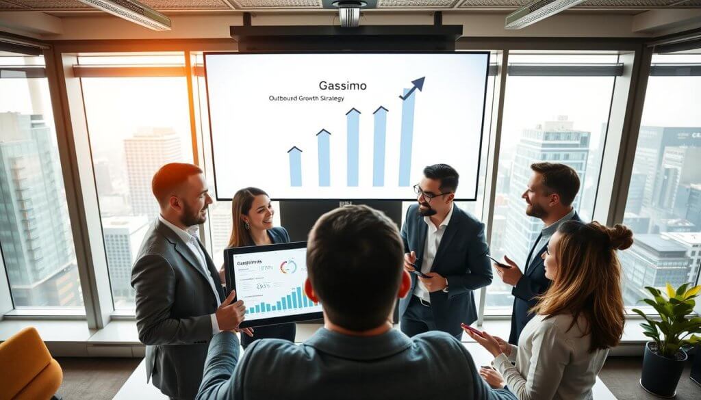 A dynamic, modern office environment showcasing a strategic meeting on outbound growth. In the foreground, a diverse group of three professionals, two men and one woman, dressed in smart business attire, are engaged in a lively discussion around a digital tablet displaying analytics and growth charts. In the middle ground, a large screen displays a sleek infographic titled "Gasimo Outbound Growth Strategy", with upward-facing arrows symbolizing growth and expansion. The background features a window overlooking a bustling cityscape, with warm natural light streaming in, creating an optimistic atmosphere. The scene is captured from a high angle, emphasizing collaboration and innovation among the team as they brainstorm effective strategies.