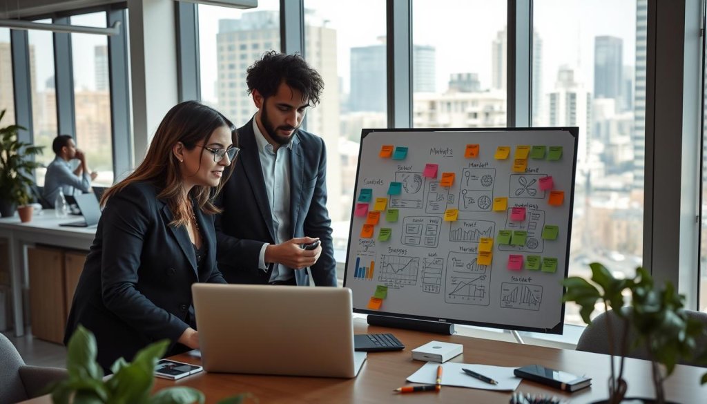 A dynamic, modern office space filled with diverse professionals engaged in an intense brainstorming session. In the foreground, a group of three business individuals, two women and one man, dressed in smart casual attire, collaborate over a laptop displaying sales metrics and data visualizations. The middle area features a large whiteboard filled with market strategies and diagrams, with sticky notes in vibrant colors. In the background, a large window reveals a bustling cityscape under bright, natural light, casting soft shadows. The atmosphere is focused and energetic, illustrating innovation in sales strategy, reflecting integration of nearshore SDRs within a collaborative environment. Use a slightly elevated angle to capture depth and context, showcasing a balance of technology and teamwork in a professional setting.