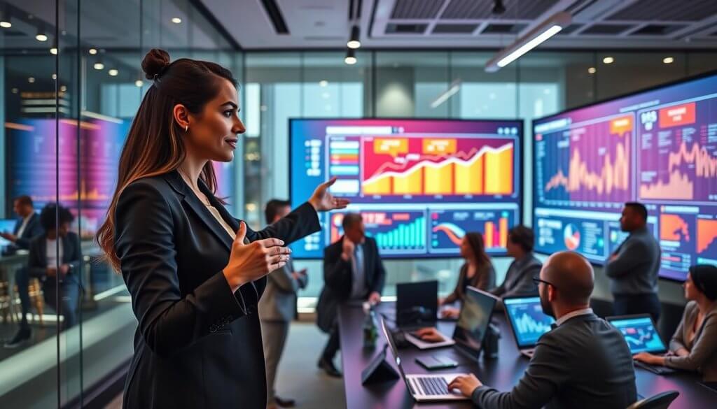 A dynamic office environment illustrating a team of diverse business professionals analyzing technographic insights on large digital screens. In the foreground, a focused woman in a business suit gestures toward a colorful data visualization, showcasing graphs and charts highlighting supply chain dynamics. The middle ground features colleagues engaged in discussion, surrounded by high-tech gadgets, including laptops and tablets displaying operational data. In the background, translucent glass walls reveal a modern cityscape, with ambient lighting casting a professional yet energetic atmosphere. The image captures a sense of collaboration and strategic decision-making, emphasizing the importance of leveraging technographic data for market fit in supply chain SaaS.