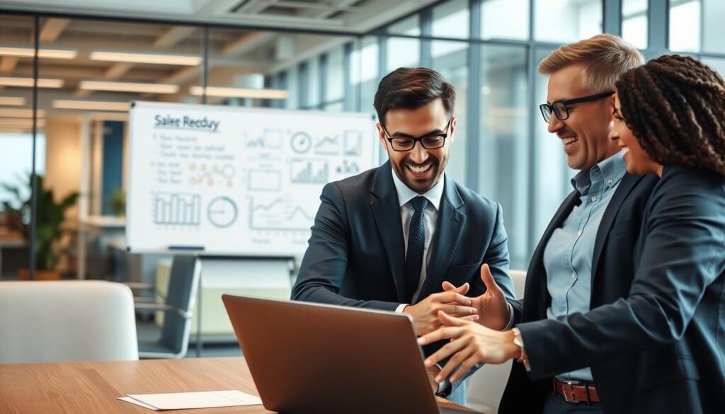 A dynamic office environment illustrating "sales-ready conversations" within a professional context. In the foreground, two diverse business professionals, one wearing a tailored suit and the other in smart casual attire, engage in a lively discussion over a laptop, their expressions focused and animated. In the middle ground, a whiteboard filled with notes and graphs highlights strategic insights, symbolizing a data-driven approach to sales conversations. The background features a modern office space with glass walls and natural light streaming in, creating an atmosphere of collaboration and innovation. The composition is captured from a slightly elevated angle, enhancing the feeling of engagement and teamwork. The overall mood is vibrant and productive, emphasizing the significance of effective communication in successful sales strategies.