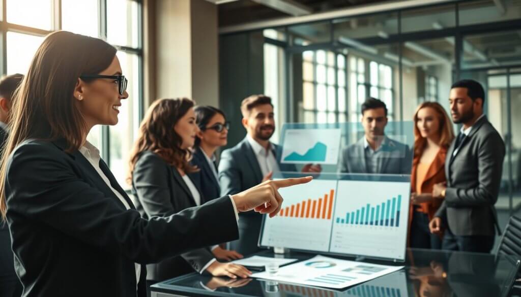 A dynamic office environment showcasing a diverse group of professionals engaged in a high-stakes strategy meeting, focusing on identifying high-value prospects. In the foreground, a motivated businesswoman with glasses points at a digital chart filled with data analysis, dressed in smart business attire. In the middle, a group of attentive colleagues, both men and women, are discussing actively, their expressions showcasing determination and insight. The background features large windows with natural light pouring in, illuminating glass partitions and innovative technology. The atmosphere is one of collaboration and ambition, with a slight blur to convey a sense of action. Use a wide-angle lens to capture the entire setting, emphasizing the teamwork and focus on lead generation.