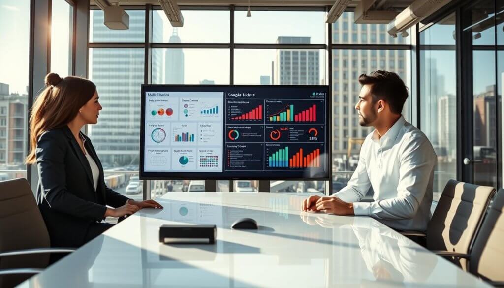 A dynamic office environment showcasing a logistics multi-channel outreach strategy. In the foreground, a diverse group of three professionals—one woman and two men—are engaged in discussion around a sleek modern conference table, all wearing smart business attire. In the middle ground, a large digital screen displays data visualizations, including flowcharts and graphs illustrating supply chain metrics and multi-channel outreach effectiveness. In the background, large windows reveal a bustling cityscape, with sunlight streaming in to create a bright and energetic atmosphere. Use a slightly elevated angle to capture the interaction between the team and the technology, emphasizing collaboration and innovation in manufacturing supply chain strategies. The mood should be focused and professional, inspiring a sense of productivity and strategic planning. A dynamic office environment showcasing a logistics multi-channel outreach strategy. In the foreground, a diverse group of three professionals—one woman and two men—are engaged in discussion around a sleek modern conference table, all wearing smart business attire. In the middle ground, a large digital screen displays data visualizations, including flowcharts and graphs illustrating supply chain metrics and multi-channel outreach effectiveness. In the background, large windows reveal a bustling cityscape, with sunlight streaming in to create a bright and energetic atmosphere. Use a slightly elevated angle to capture the interaction between the team and the technology, emphasizing collaboration and innovation in manufacturing supply chain strategies. The mood should be focused and professional, inspiring a sense of productivity and strategic planning.