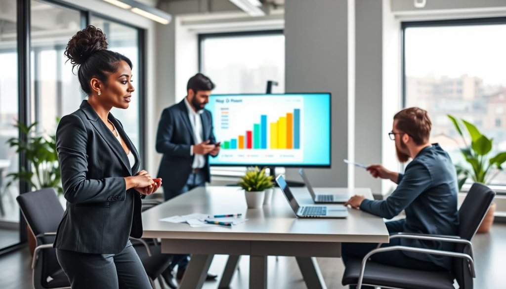 A dynamic office setting that symbolizes innovation in lead generation, showcasing a diverse group of professionals deeply engaged in a brainstorming session around a modern conference table. In the foreground, a confident woman in a tailored suit passionately presents a colorful chart displayed on a digital screen, her expression focused and inspiring. The middle ground features two men in smart casual attire actively discussing notes and a laptop, conveying collaboration and strategy. In the background, large windows let in natural light, creating a bright and welcoming atmosphere. The scene should have a modern aesthetic with sleek furniture and greenery promoting a sense of energy and forward-thinking. The overall mood is motivated and innovative, capturing the essence of moving beyond traditional retainers toward performance-based solutions.