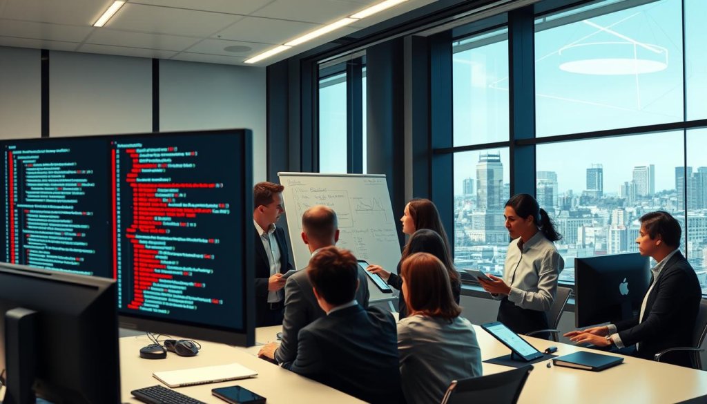 A dynamic office space illuminated by soft, diffused lighting, showcasing a team of diverse professionals in business attire engaged in a collaborative discussion about SQL database bottlenecks. In the foreground, a computer screen displays complex SQL queries with visual bottlenecks highlighted in red. The middle layer features individuals analyzing data on tablets and whiteboards, illustrating their strategic planning. In the background, a large window reveals a bustling cityscape, symbolizing the fast-paced business environment. The atmosphere is focused and productive, conveying the urgency of overcoming challenges in the sales pipeline. Employing a slightly elevated angle, the scene captures both the detailed tech elements and the professional engagement of the team.