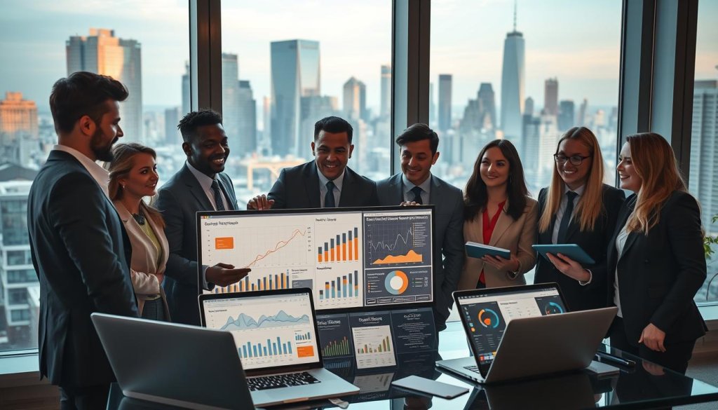 A dynamic scene showcasing the concept of outbound growth technology in a modern office environment. In the foreground, a diverse group of professionals, dressed in smart business attire, collaborate around a digital display filled with graphs and analytics. Their expressions convey enthusiasm and focus. In the middle ground, sleek, high-tech tools like laptops and tablets show various charts and metrics about lead generation and commercial outcomes. The background features large windows with a view of a bustling city skyline, bathed in golden afternoon light. The overall mood is one of innovation and optimism, emphasizing a forward-thinking approach to leveraging technology for growth. Capture this from a slightly elevated angle for a comprehensive view.