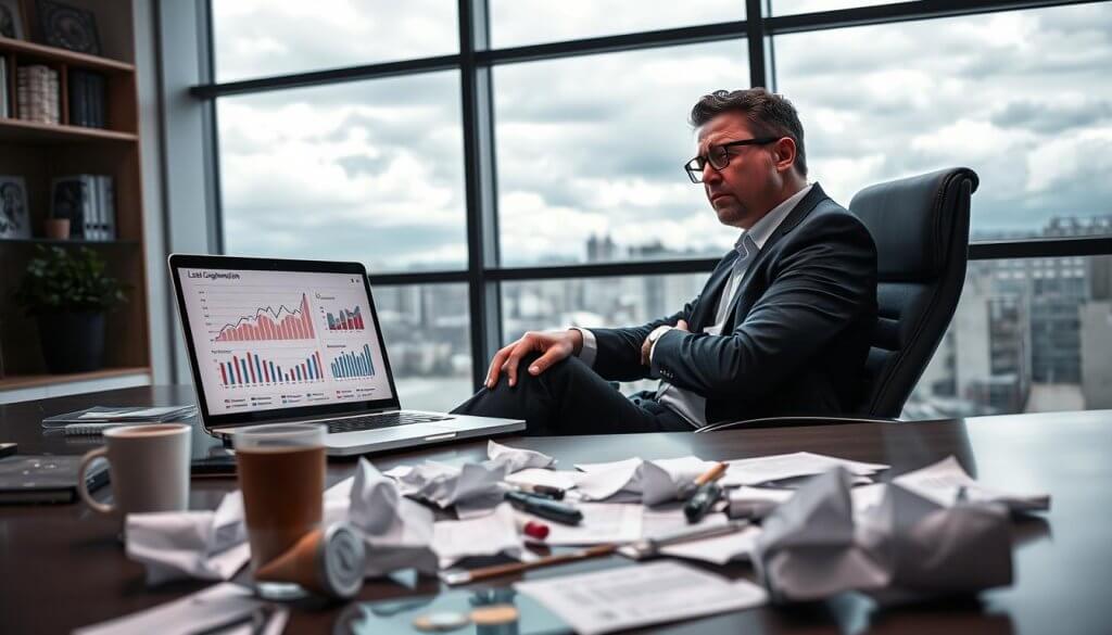A frustrated business founder sits at a sleek, modern desk in a well-furnished office, surrounded by crumpled papers and a laptop displaying disheartening graphs and statistics. In the foreground, the founder, dressed in professional attire, leans back with a pensive expression, contemplating their failed lead generation efforts. The middle ground is cluttered with empty coffee cups and discarded marketing material, symbolizing wasted resources and time. In the background, a large window reveals a dreary, cloudy sky, casting a dim light over the scene, enhancing the atmosphere of disappointment and uncertainty. The image should be captured with a soft focus to evoke a sense of introspection, emphasizing the mood of frustration and the challenges of generic lead generation.