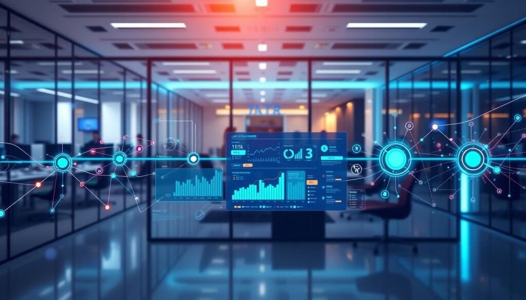 A futuristic digital pipeline visualization featuring interconnected nodes and graphs, illustrating essential lead management features for business software. In the foreground, vibrant charts and metrics displaying leads in various stages of management, with dynamic flow lines connecting them. The middle section shows a complex data dashboard glowing softly with blue and green neon hues, highlighting key performance indicators. In the background, a sleek, modern office environment with glass walls and high-tech workstations, hinting at a collaborative business atmosphere. Soft, diffused lighting illuminates the scene, creating a professional yet inviting mood. Capture the image from a slightly elevated angle to emphasize the layers of data, emphasizing the importance of effective lead management in a corporate setting.