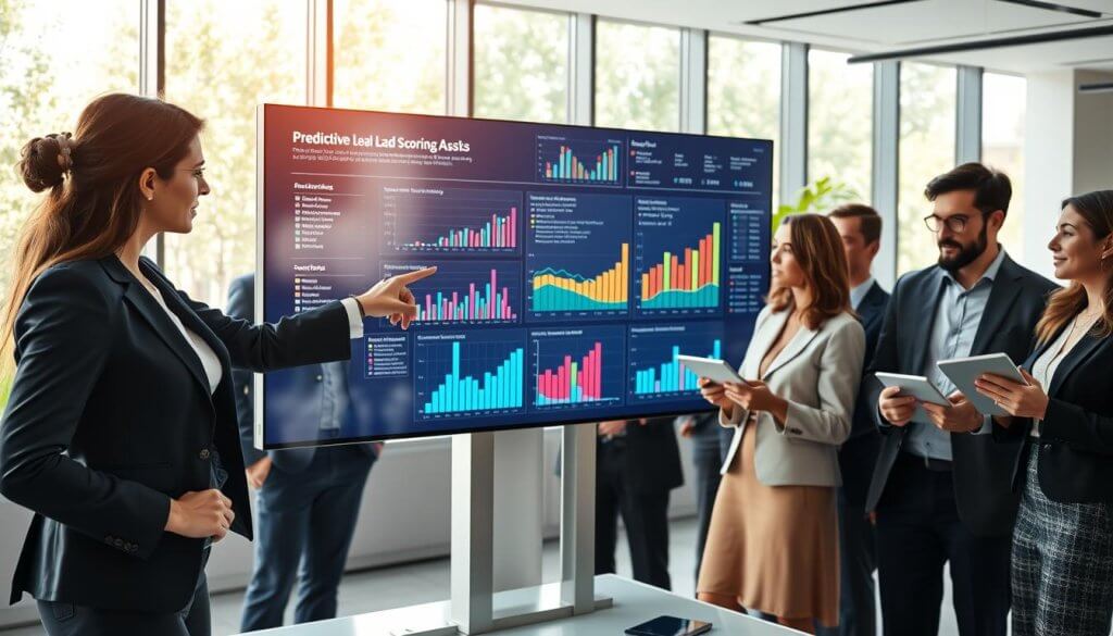 A futuristic office environment featuring a diverse group of professionals analyzing data on digital screens. In the foreground, a businesswoman dressed in formal attire points to predictive lead scoring graphs displayed on a large interactive screen, showcasing colorful data points and analytics. The middle layer includes a diverse team of professionals, both men and women, engaged in conversation while examining lead scoring models and AI algorithms on tablets. In the background, large windows allow natural light to illuminate the space, highlighting greenery outside and creating a positive, energetic atmosphere. Soft, balanced lighting enhances the professionalism of the scene, and the camera angle captures the vibrant interaction amongst the team, emphasizing collaboration and innovation in lead generation.