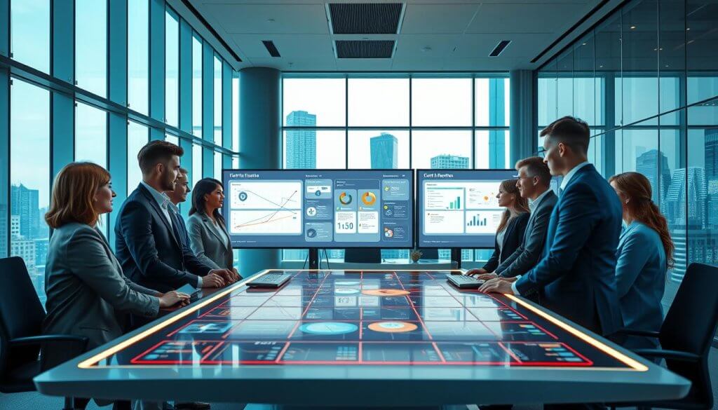 A futuristic office environment showcasing CRM integration and workflow orchestration. In the foreground, diverse professionals in smart business attire are engaged in a collaborative discussion around a sleek, high-tech table featuring digital interfaces and visual dashboards displaying workflow data and CRM analytics. The middle ground highlights vibrant screens with interactive data flow diagrams and workflow charts, emphasizing automation and connectivity. The background consists of large windows with a city skyline, illuminated by soft natural light, creating an optimistic atmosphere. The scene is enhanced by cool blue and green color tones, complemented by warm lighting that promotes a sense of innovation and efficiency, captured with a wide-angle lens for depth and perspective.