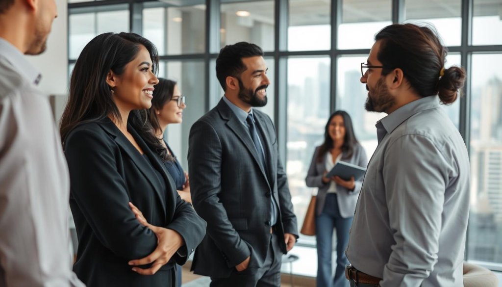 A group of diverse business professionals engaged in a dynamic conversation in a modern office environment, reflecting an atmosphere of collaboration. In the foreground, a South Asian woman in formal attire is discussing with a Middle-Eastern man in business casual clothing, both displaying facial expressions of interest and engagement. In the middle, a window reveals a bustling cityscape, adding depth and context to the scene. Soft, diffused natural light illuminates the room, creating a warm and inviting mood. The angle captures the camaraderie and professional exchange, with stylish furniture and technology subtly integrated into the background, emphasizing a contemporary business setting. A group of diverse business professionals engaged in a dynamic conversation in a modern office environment, reflecting an atmosphere of collaboration. In the foreground, a South Asian woman in formal attire is discussing with a Middle-Eastern man in business casual clothing, both displaying facial expressions of interest and engagement. In the middle, a window reveals a bustling cityscape, adding depth and context to the scene. Soft, diffused natural light illuminates the room, creating a warm and inviting mood. The angle captures the camaraderie and professional exchange, with stylish furniture and technology subtly integrated into the background, emphasizing a contemporary business setting.