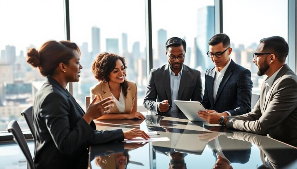 A group of diverse sourcing leaders gathered around a sleek, modern conference table, engaged in a collaborative discussion about procurement strategies. In the foreground, a middle-aged Black woman in a professional suit gestures as she shares insights, while a young Asian man takes notes on a digital tablet. In the background, a large glass window showcases a bustling city skyline under natural daylight, creating an inspiring atmosphere. Soft shadows and high-key lighting enhance the professionals’ expressions of focus and motivation. The overall mood is one of innovation, teamwork, and proactive planning in a corporate environment, reflecting the essence of effective messaging with sourcing leaders. A group of diverse sourcing leaders gathered around a sleek, modern conference table, engaged in a collaborative discussion about procurement strategies. In the foreground, a middle-aged Black woman in a professional suit gestures as she shares insights, while a young Asian man takes notes on a digital tablet. In the background, a large glass window showcases a bustling city skyline under natural daylight, creating an inspiring atmosphere. Soft shadows and high-key lighting enhance the professionals’ expressions of focus and motivation. The overall mood is one of innovation, teamwork, and proactive planning in a corporate environment, reflecting the essence of effective messaging with sourcing leaders.