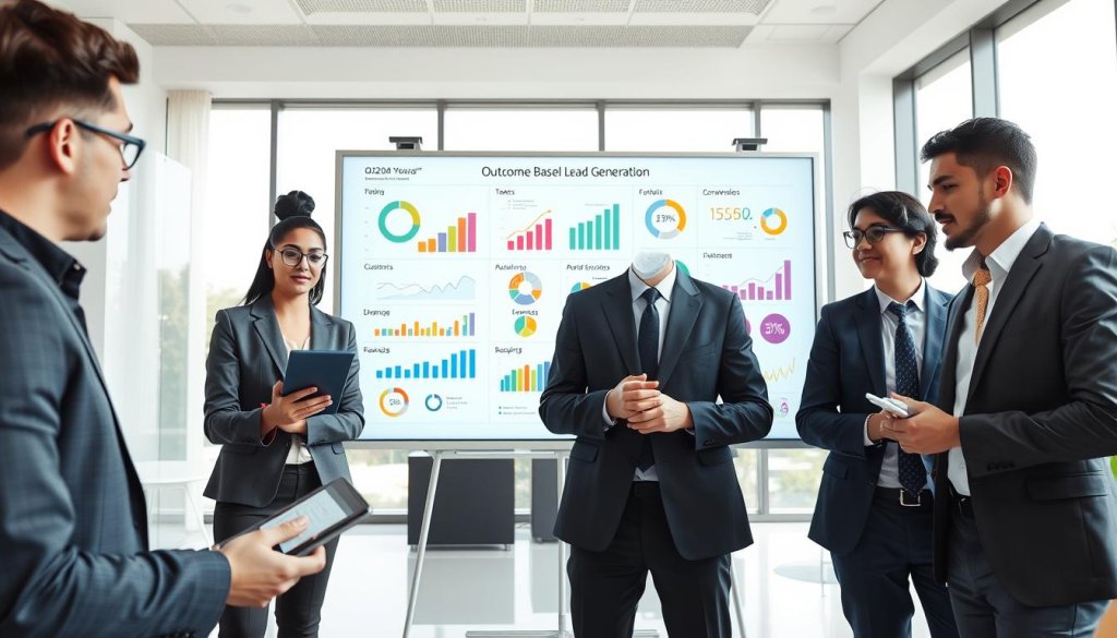 A modern B2B office scene illustrating outcome-based lead generation. In the foreground, a diverse group of three professionals in smart business attire, one analyzing data on a tablet and two discussing strategies with thoughtful expressions. In the middle, a large, interactive digital whiteboard displaying colorful graphs and metrics that represent lead outcomes, such as conversion rates and customer satisfaction. The background features a sleek, minimalist office space with large windows allowing natural light to flood in, creating a bright and open atmosphere. The mood is focused and collaborative, highlighting innovative teamwork and modern business practices. Shot with a wide-angle lens for depth, the image exudes professionalism and engagement without any text or branding elements. A modern B2B office scene illustrating outcome-based lead generation. In the foreground, a diverse group of three professionals in smart business attire, one analyzing data on a tablet and two discussing strategies with thoughtful expressions. In the middle, a large, interactive digital whiteboard displaying colorful graphs and metrics that represent lead outcomes, such as conversion rates and customer satisfaction. The background features a sleek, minimalist office space with large windows allowing natural light to flood in, creating a bright and open atmosphere. The mood is focused and collaborative, highlighting innovative teamwork and modern business practices. Shot with a wide-angle lens for depth, the image exudes professionalism and engagement without any text or branding elements.