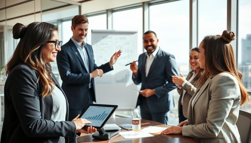 A modern office conference room scene, showcasing a diverse group of four professionals in business attire engaged in a lively discussion about lead generation strategies. In the foreground, a confident woman with glasses, pointing at a digital tablet displaying analytics, while a man beside her nods in agreement. In the middle, a tall man gestures towards a whiteboard filled with graphs and flowcharts, emphasizing teamwork between in-house SDR teams and external partners. The background features large windows with a city skyline view, natural light pouring in and creating a bright, optimistic atmosphere. The lens should capture the dynamic interplay of expressions and gestures among the team, conveying collaboration and innovation, with a focus on the ideas exchanged.