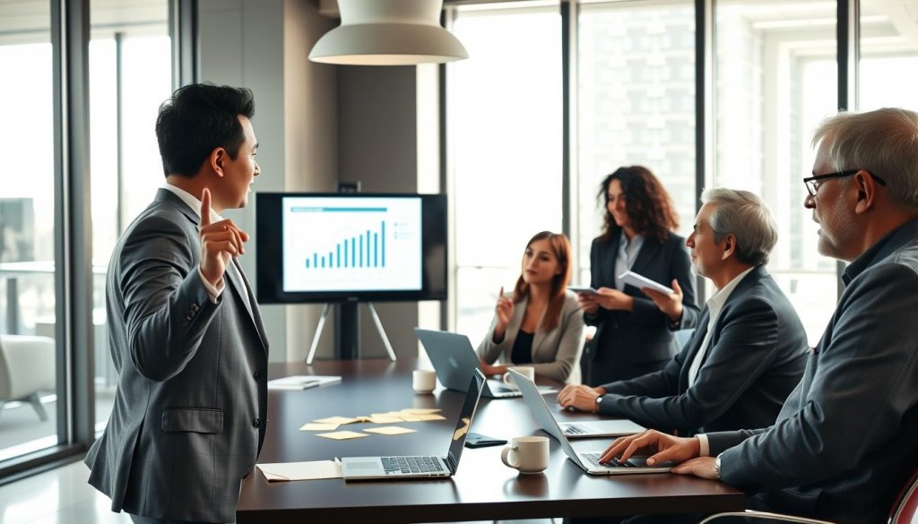 A modern office conference room setting where diverse business professionals collaborate on a partnership strategy. In the foreground, a mid-30s Asian man in a tailored suit gestures as he presents a visual chart on a sleek digital screen, while a middle-aged Black woman in business attire watches intently, taking notes. In the middle, a brainstorming session is occurring with a younger Hispanic woman and an elderly Caucasian man discussing ideas, surrounded by open laptops, sticky notes, and coffee cups. The background features large windows allowing natural light to flood the room, creating a warm and inviting atmosphere. The mood is focused and optimistic, symbolizing teamwork and shared success. Use a standard lens with a subtle depth of field to emphasize the active participants in the scene. A modern office conference room setting where diverse business professionals collaborate on a partnership strategy. In the foreground, a mid-30s Asian man in a tailored suit gestures as he presents a visual chart on a sleek digital screen, while a middle-aged Black woman in business attire watches intently, taking notes. In the middle, a brainstorming session is occurring with a younger Hispanic woman and an elderly Caucasian man discussing ideas, surrounded by open laptops, sticky notes, and coffee cups. The background features large windows allowing natural light to flood the room, creating a warm and inviting atmosphere. The mood is focused and optimistic, symbolizing teamwork and shared success. Use a standard lens with a subtle depth of field to emphasize the active participants in the scene.