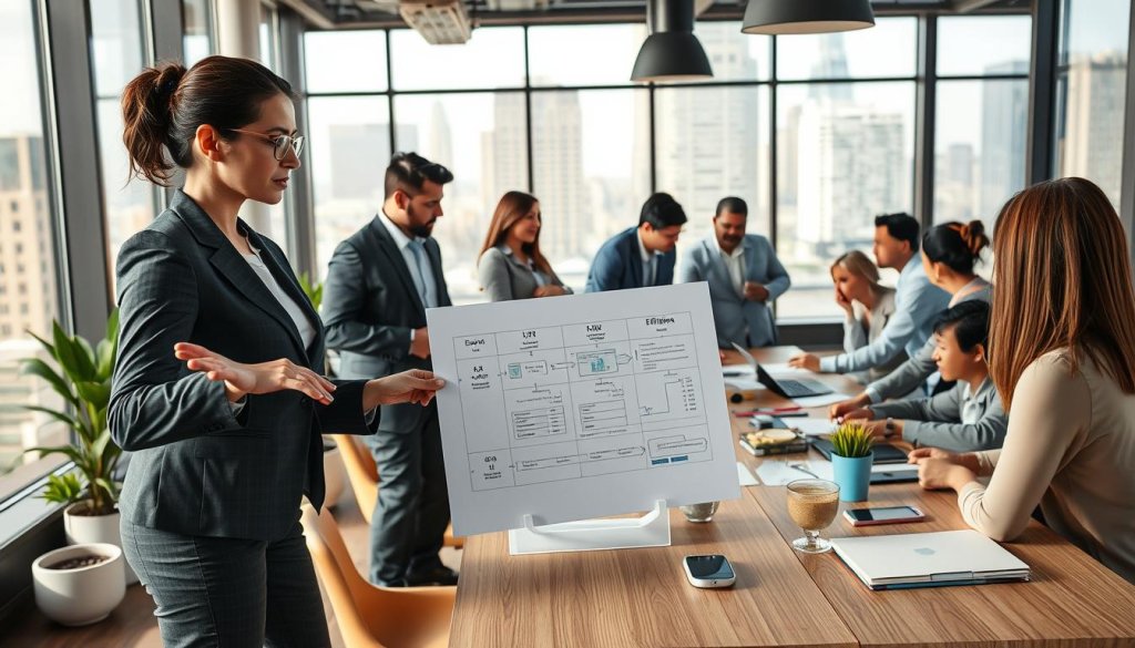 A modern office environment bustling with activity, featuring a diverse group of professionals engaged in discussion. In the foreground, a confident businesswoman, dressed in smart business attire, gestures towards a chart displaying streamlined workflows, emphasizing efficiency. Beside her is a thoughtful businessman, intently analyzing data on a tablet. In the middle ground, a team collaborates at a large conference table, brainstorming ideas with minimal resources visible, highlighting a lean approach. The background shows large windows with city views, allowing natural light to flood the space, creating an open and inviting atmosphere. The mood is proactive and optimistic, capturing the essence of strategic resource management and effective lead generation without excess. A modern office environment bustling with activity, featuring a diverse group of professionals engaged in discussion. In the foreground, a confident businesswoman, dressed in smart business attire, gestures towards a chart displaying streamlined workflows, emphasizing efficiency. Beside her is a thoughtful businessman, intently analyzing data on a tablet. In the middle ground, a team collaborates at a large conference table, brainstorming ideas with minimal resources visible, highlighting a lean approach. The background shows large windows with city views, allowing natural light to flood the space, creating an open and inviting atmosphere. The mood is proactive and optimistic, capturing the essence of strategic resource management and effective lead generation without excess.