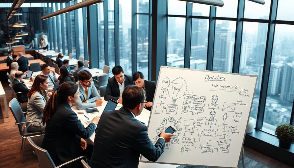 A modern office environment bustling with activity, showcasing a diverse team of professionals in business attire engaged in a strategic meeting around a large conference table. In the foreground, a whiteboard filled with sketches and diagrams representing customer profiles, market segments, and operational workflows. The middle ground features focused individuals discussing insights, with some utilizing laptops and tablets to present data. In the background, large windows reveal a cityscape, illuminated by natural light, enhancing the atmosphere of productivity and collaboration. The overall mood is dynamic and focused, emphasizing teamwork and strategic planning in operations-heavy markets. The scene is captured with a soft focus depth of field to draw attention to the foreground activities.