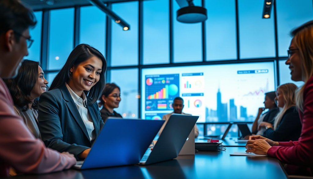 A modern office environment featuring a diverse group of professionals engaged in a collaborative meeting. In the foreground, a South Asian woman in smart business attire is analyzing data on a laptop, her expression focused and enthusiastic. In the middle, a large digital screen displays colorful graphs and AI-driven insights related to outreach strategies, illuminating the room with soft blue light. In the background, a sleek city skyline can be seen through large windows, under a clear blue sky, suggesting innovation and opportunity. The overall mood is dynamic and forward-thinking, evoking a sense of empowerment and technological advancement in lead generation, with an emphasis on teamwork and collaboration.