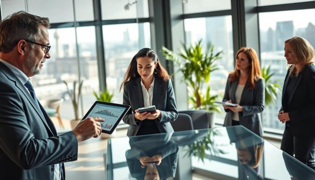 A modern office environment featuring a diverse group of three professionals engaged in a collaborative procurement discussion. In the foreground, a mid-aged man wearing a tailored suit gestures towards a digital tablet showcasing procurement data, while a young woman in smart casual attire listens attentively, jotting notes on a notepad. Beside them, a middle-aged woman in business attire leans forward, making eye contact, fostering an engaging conversation. The background reveals large windows with natural light streaming in, illuminating a sleek conference room with a glass table, green potted plants, and a city skyline view, enhancing a vibrant and productive atmosphere. The scene conveys a sense of innovation and partnership, emphasizing a shift from cold outreach to meaningful dialogue. Captured in dynamic lighting with a slightly wide-angle lens to create a welcoming depth.