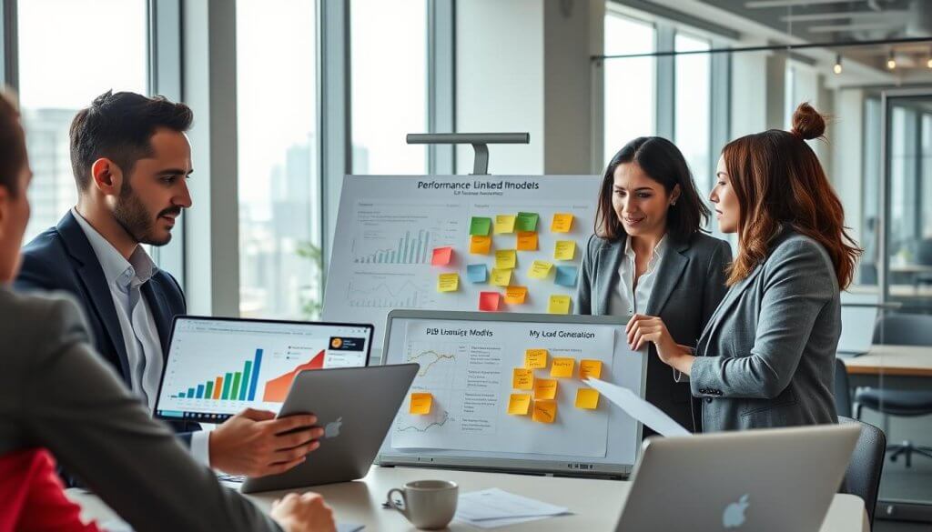 A modern office environment filled with professionals engaged in a collaborative meeting about B2B lead generation strategies. In the foreground, two businesspeople—one man in a sharp navy suit and one woman in a sleek grey blazer—are analyzing graphs and performance metrics displayed on a laptop, their expressions focused and analytical. In the middle, a whiteboard features colorful diagrams illustrating performance-linked pricing models, surrounded by sticky notes. The background shows a large window with natural light flooding in, revealing a cityscape. The atmosphere is one of innovation and strategic thinking, emphasizing a sense of teamwork and futuristic business solutions. The lighting is bright and inviting, capturing the essence of a productive workspace.