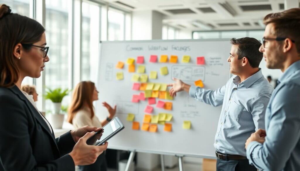 A modern office environment filled with professionals engaged in strategic discussions. In the foreground, a thoughtful businesswoman in a smart blazer, holding a tablet and examining data, while a man in a crisp shirt gestures animatedly, pointing at a large whiteboard filled with diagrams of workflow processes. In the middle, an array of colorful sticky notes labeled with common operational challenges, like “inefficiency” and “missed deadlines,” arranged prominently on the board. In the background, a bright, airy space with floor-to-ceiling windows that let in natural light, enhancing the focus. The mood is focused yet collaborative, capturing the essence of problem-led messaging in a high-tech workspace. Use a slight depth of field to bring clarity to the foreground while gently blurring the background, creating a professional atmosphere.