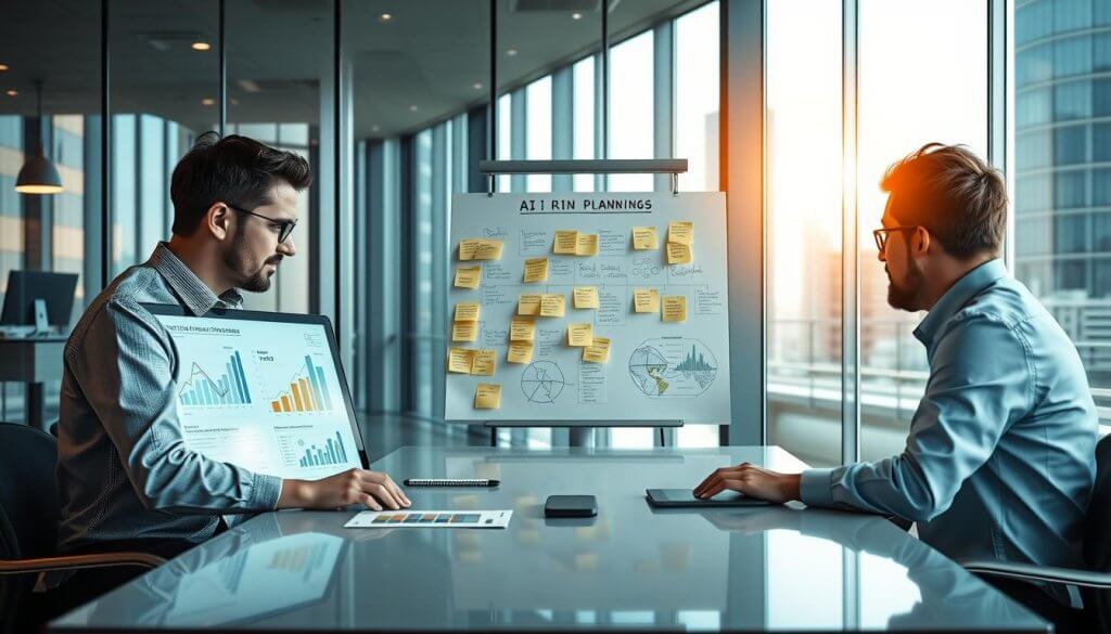 A modern office environment reflecting a strategic planning session focused on AI implementation. In the foreground, a diverse group of three professionals in business attire—two men and one woman—collaborate around a sleek table, looking at a large digital screen displaying graphs and flowcharts. In the middle, a whiteboard filled with sticky notes and diagrams showcasing common pitfalls in AI projects. The background features glass walls with cityscape views, infused with natural light, creating an inspiring and optimistic atmosphere. The mood is focused yet collaborative, highlighting teamwork and thoughtful discussion. Use warm, inviting lighting to enhance engagement and innovation. The angle captures both the participants and their tools, ensuring clarity and professionalism. A modern office environment reflecting a strategic planning session focused on AI implementation. In the foreground, a diverse group of three professionals in business attire—two men and one woman—collaborate around a sleek table, looking at a large digital screen displaying graphs and flowcharts. In the middle, a whiteboard filled with sticky notes and diagrams showcasing common pitfalls in AI projects. The background features glass walls with cityscape views, infused with natural light, creating an inspiring and optimistic atmosphere. The mood is focused yet collaborative, highlighting teamwork and thoughtful discussion. Use warm, inviting lighting to enhance engagement and innovation. The angle captures both the participants and their tools, ensuring clarity and professionalism.