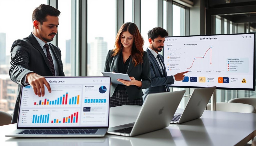 A modern office environment representing B2B lead generation, featuring a diverse group of three business professionals analyzing data on sleek laptops. In the foreground, a man in a tailored suit gestures towards a digital dashboard filled with graphs and metrics, symbolizing quality leads. The middle scene shows a woman in smart casual attire writing notes, focused and engaged, while a young professional in business casual attire stands beside her, pointing at a flowchart on a screen that emphasizes pipeline growth. The background fades into a large window, revealing a city skyline under soft, natural daylight. The mood is collaborative and focused, highlighting teamwork and the prioritization of quality over quantity in lead generation. A modern office environment representing B2B lead generation, featuring a diverse group of three business professionals analyzing data on sleek laptops. In the foreground, a man in a tailored suit gestures towards a digital dashboard filled with graphs and metrics, symbolizing quality leads. The middle scene shows a woman in smart casual attire writing notes, focused and engaged, while a young professional in business casual attire stands beside her, pointing at a flowchart on a screen that emphasizes pipeline growth. The background fades into a large window, revealing a city skyline under soft, natural daylight. The mood is collaborative and focused, highlighting teamwork and the prioritization of quality over quantity in lead generation.