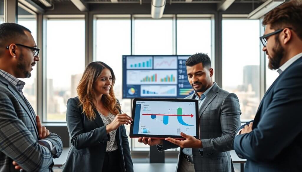 A modern office environment showcasing a collaborative meeting about pipeline management. In the foreground, a diverse group of three professionals in smart business attire, intently discussing a digital tablet displaying a colorful, graphical sales pipeline. In the middle, a large monitor on the wall shows pipeline metrics and forecasts, surrounded by charts and infographics. The background features floor-to-ceiling windows with a city skyline, allowing natural light to flood the space, creating a bright and focused atmosphere. The overall mood is productive and energetic, emphasizing teamwork and strategizing to avoid common pitfalls in pipeline management. The perspective is slightly angled, providing depth and a comprehensive view of the interactive elements.
