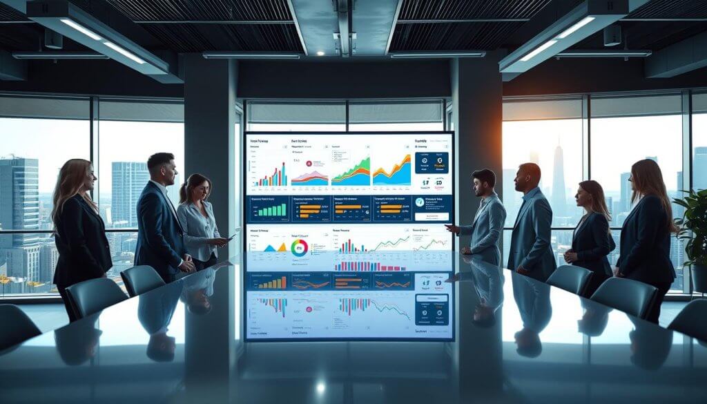 A modern office environment showcasing a digital sales pipeline management system. In the foreground, a diverse group of professionals in business attire is gathered around a sleek conference table, analyzing charts and graphs displayed on a large screen. The middle section features a digital dashboard with colorful indicators representing various stages of the sales pipeline, such as leads, prospects, and conversions. The background shows large windows with a city skyline view, bathed in natural light, conveying a sense of innovation and collaboration. The atmosphere is focused and energetic, highlighting teamwork and data-driven decision-making as essential capabilities of pipeline management software.