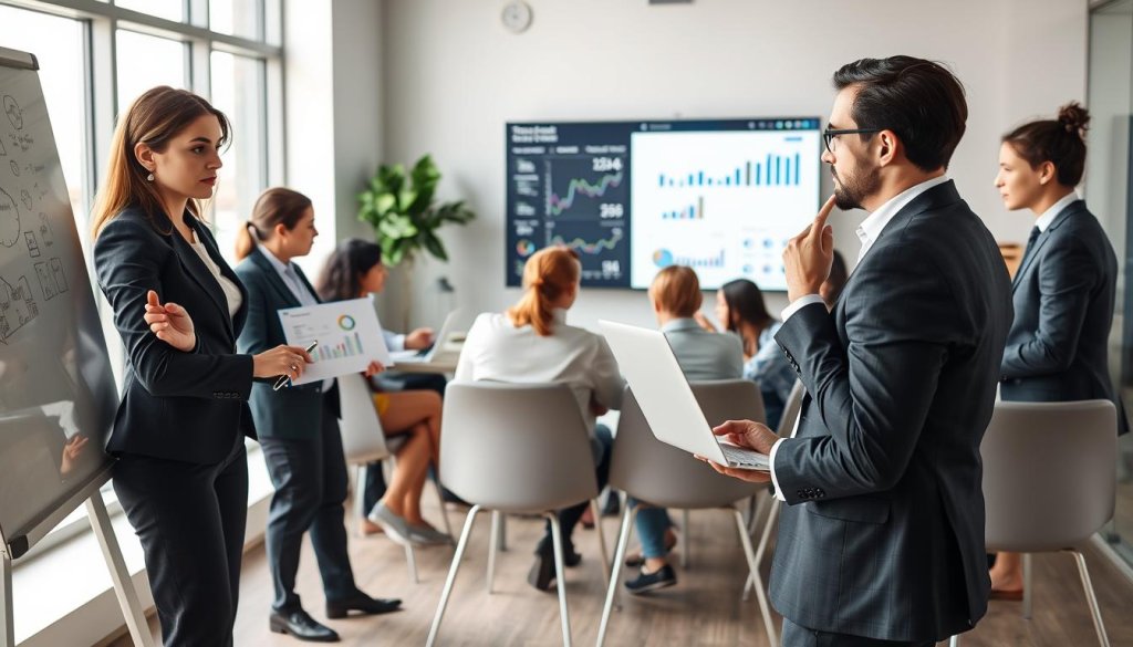 A modern office environment showcasing a diverse group of business professionals engaged in a dynamic brainstorming session about lead generation strategies. In the foreground, a confident woman in smart business attire sketches ideas on a whiteboard while a thoughtful man in a tailored suit analyzes data on a laptop. In the middle, chairs are filled with attentive colleagues taking notes, with graphs and charts of leads on the screen behind them, emphasizing actionable insights. The background displays large windows with natural light pouring in, adding warmth to the atmosphere. Use a soft-focus lens to create a friendly yet professional vibe, with a balanced composition that highlights collaboration and innovation.