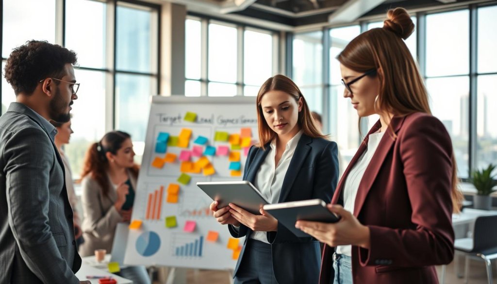 A modern office environment showcasing a diverse group of professionals engaged in a vibrant brainstorming session. In the foreground, a focused woman in smart business attire holds a tablet, analyzing data charts that emphasize targeted lead generation strategies. The middle ground features a whiteboard filled with colorful sticky notes outlining innovative approaches to moving beyond generic lead generation. In the background, large windows reveal a bustling cityscape, creating a bright, energetic atmosphere. Soft, natural lighting streams in, enhancing the collaborative spirit. The camera angle is slightly above eye level, providing a clear view of the interaction among team members, fostering a mood of creativity and strategic thinking.