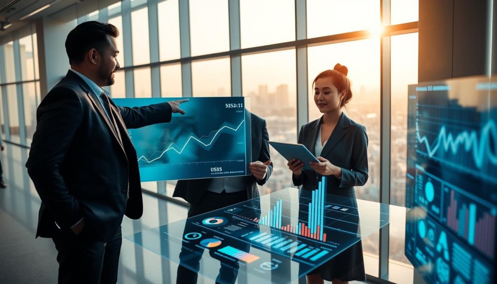 A modern office environment showcasing a diverse group of professionals engaged in interactive discussions around advanced data analytics on large screens. In the foreground, a South Asian man in business attire points to a dynamic pipeline graph while a woman of East Asian descent takes notes on a digital tablet. The middle ground features a sleek, high-tech workspace with glowing data visualizations, holographic displays, and charts illustrating growth and performance metrics. In the background, a panoramic cityscape is visible through large glass windows, with soft morning light illuminating the space, creating an optimistic and productive mood. The angle should be slightly elevated, capturing the collaboration and innovation that data and technology bring to pipeline performance.