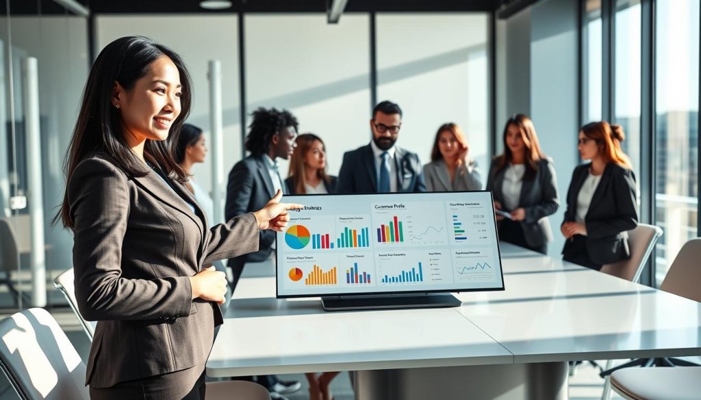 A modern office environment showcasing a diverse group of professionals gathered around a sleek conference table, analyzing charts and graphs on a digital screen. In the foreground, a confident Asian woman in business attire points at a colorful customer profile chart, emphasizing key data. In the middle, a group of engaged colleagues, including an African-American man and a Hispanic woman, discuss strategies, all dressed in smart business attire. The background features a large window with natural light flooding the space, creating a bright and optimistic atmosphere. The mood is collaborative and focused, with soft shadows and a warm color palette enhancing the professional setting. A modern office environment showcasing a diverse group of professionals gathered around a sleek conference table, analyzing charts and graphs on a digital screen. In the foreground, a confident Asian woman in business attire points at a colorful customer profile chart, emphasizing key data. In the middle, a group of engaged colleagues, including an African-American man and a Hispanic woman, discuss strategies, all dressed in smart business attire. The background features a large window with natural light flooding the space, creating a bright and optimistic atmosphere. The mood is collaborative and focused, with soft shadows and a warm color palette enhancing the professional setting.