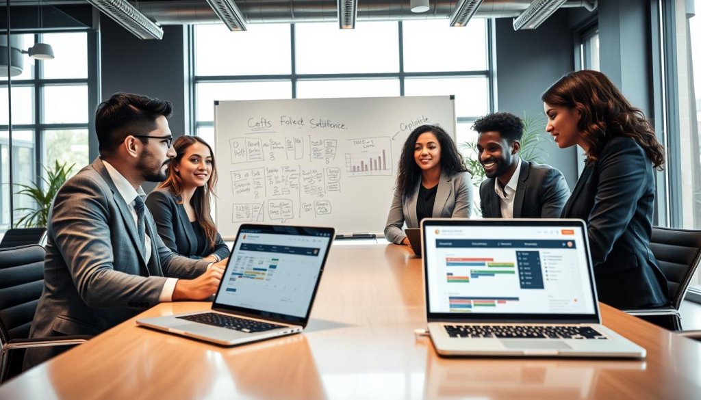 A modern office environment showcasing a professional setting for appointment setting. In the foreground, a diverse group of three business professionals in business attire engage in a focused discussion around a sleek conference table. Their expressions reflect collaboration and determination. In the middle, the room is filled with contemporary decor, such as a large whiteboard filled with notes and graphs, and a laptop displaying a calendar and appointment setting software. In the background, large windows allow natural light to illuminate the space, creating a bright and inviting atmosphere. The composition captures a balanced view, with a slight wide-angle lens effect, enhancing the sense of teamwork and productivity. The overall mood is dynamic and forward-thinking, embodying the shift towards efficient lead generation methods in a B2B context.