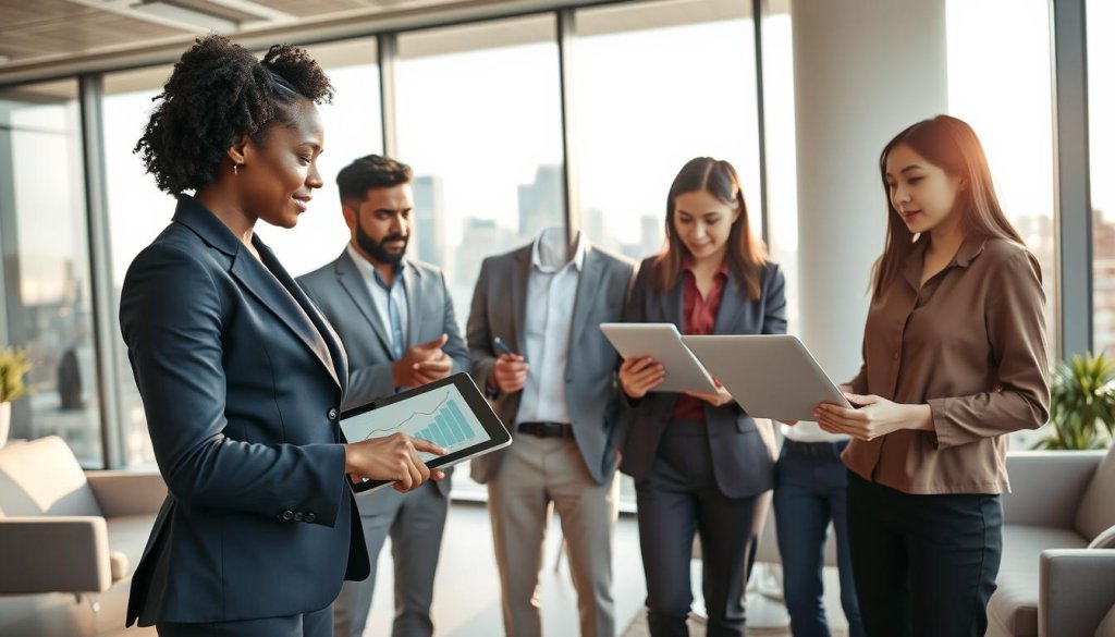 A modern office environment showcasing a team of diverse professionals engaged in a strategic discussion. In the foreground, a Black woman in a tailored navy suit is pointing at a digital tablet displaying upward-trending graphs, symbolizing revenue growth. To her left, a Hispanic man in a gray blazer is taking notes, while an Asian woman in a smart blouse is analyzing data on a laptop. The middle ground features a large glass window revealing a city skyline, symbolizing ambition and expansion. Soft, natural light pours in, creating a bright and optimistic atmosphere. In the background, sleek furniture and contemporary decor reflect a dynamic workplace. The overall mood is focused, collaborative, and forward-thinking, emphasizing the transition from traditional metrics to revenue-focused results.